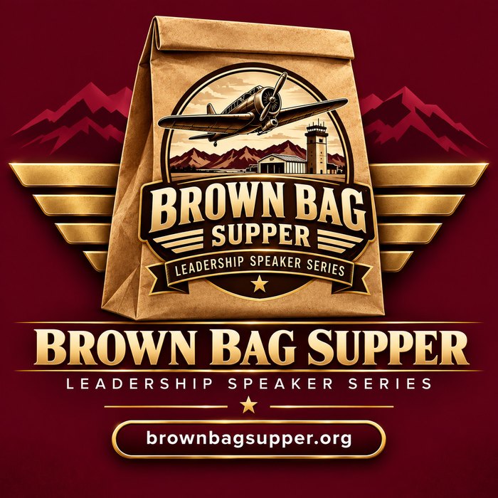 Brown Bag Supper logo — BBS monogram with aviator wings and a propeller. Leadership Speaker Series at Falcon Field, Mesa, AZ.