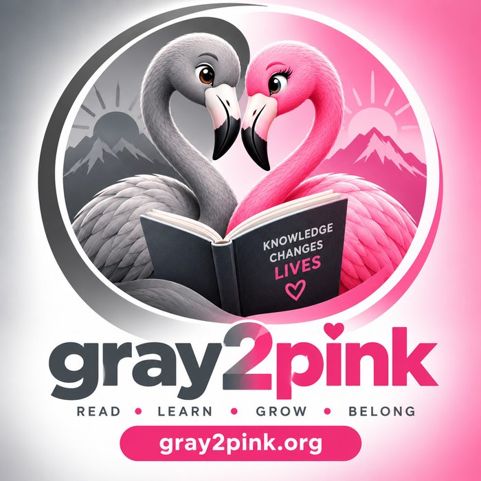 Gray2Pink logo — a gray flamingo and a pink flamingo reading a book together. Read, learn, grow, belong.