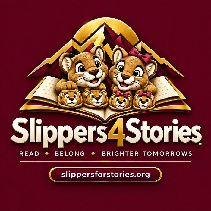 Slippers for Stories logo — a cougar cub reading a book, wearing cub slippers